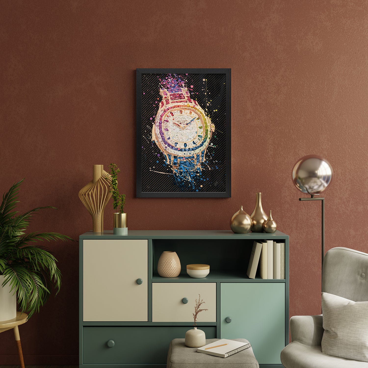 Patek Philippe Baguette Rainbow – A hand-painted carbon fibre wall art by artist Katy Barnfield.