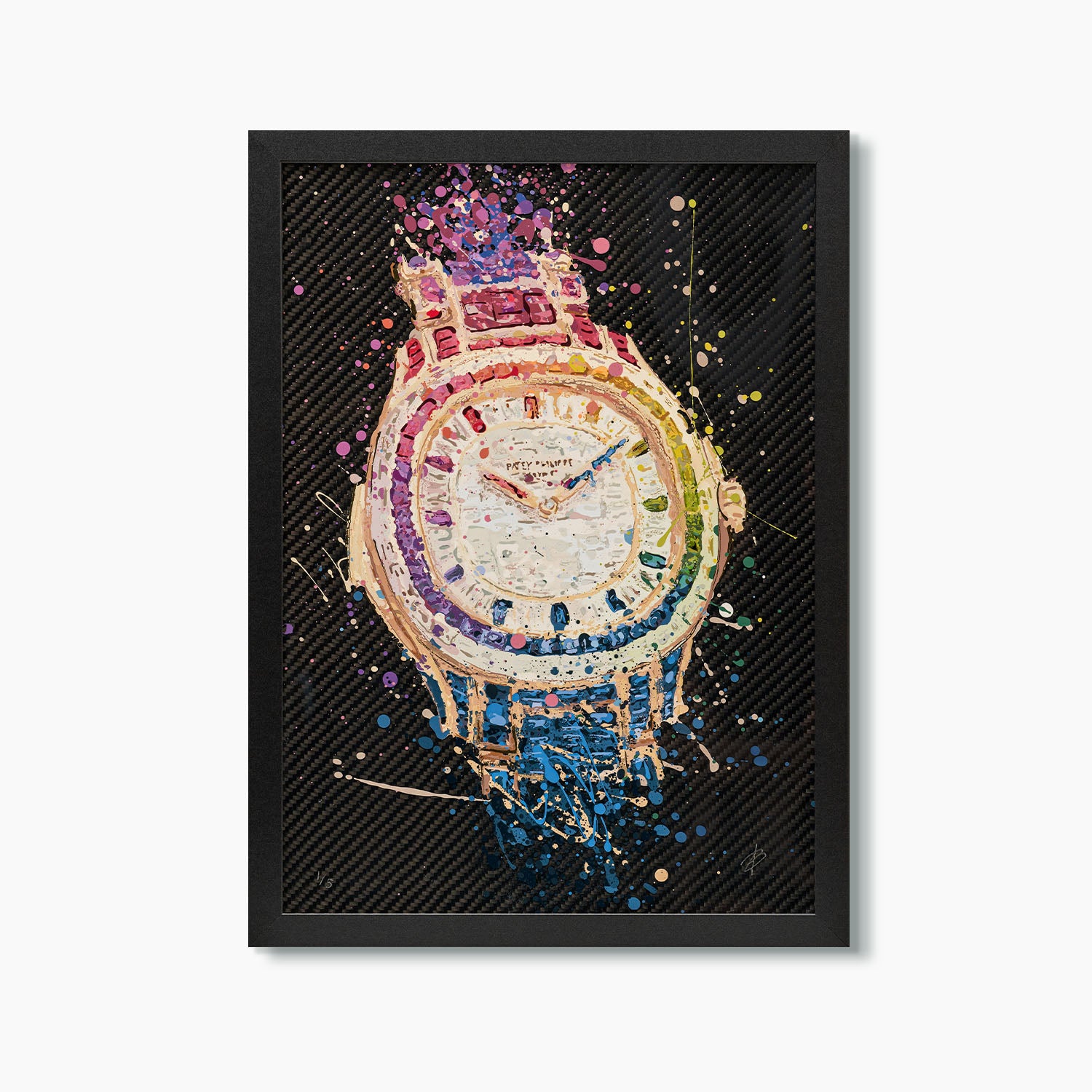 Patek Philippe Baguette Rainbow – A hand-painted carbon fibre wall art by artist Katy Barnfield.