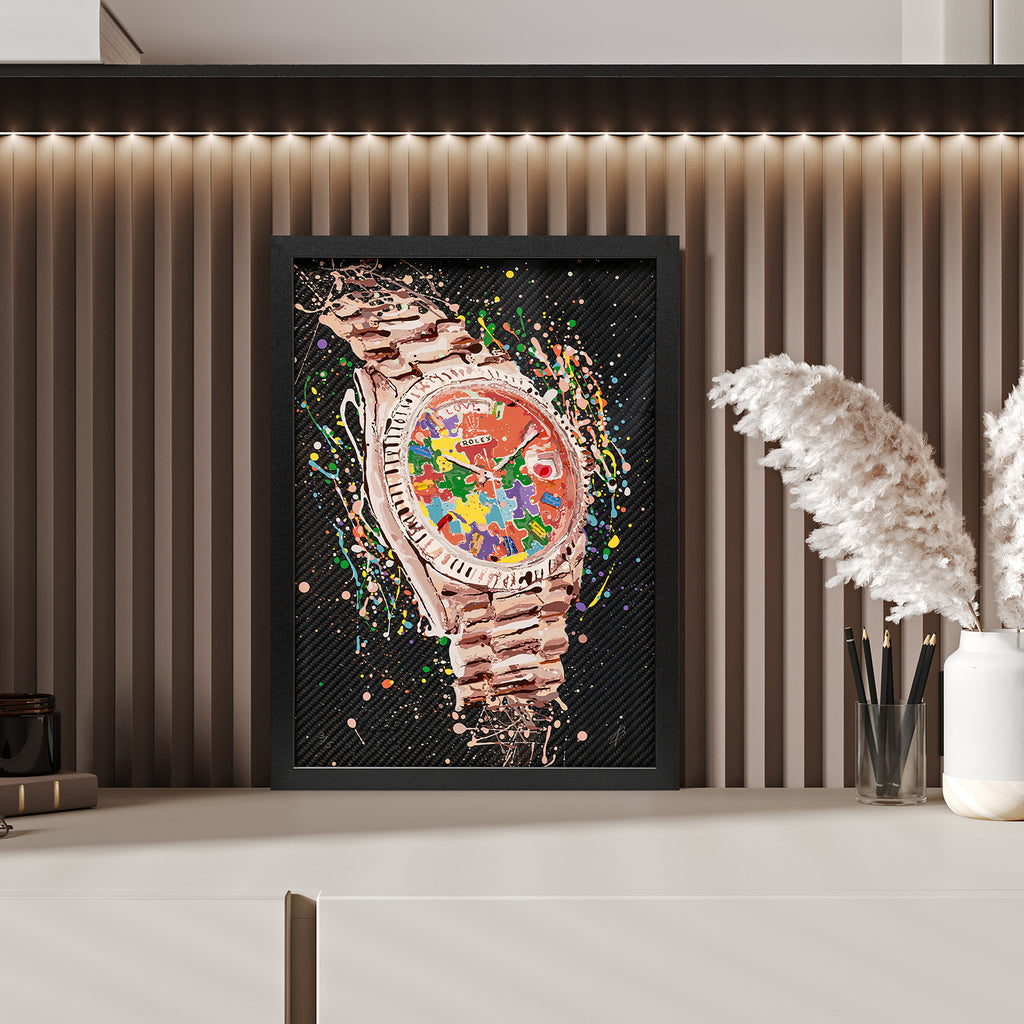 Rolex Day-Date President Puzzle – A hand-painted carbon fibre wall art by artist Katy Barnfield.