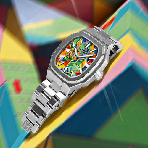 MAEN Manhattan Paradox — hand-painted geometric color-block dial with chevrons, mesh, and two concentric disks on a 37mm octagonal stainless steel case with integrated bracelet, limited edition timepiece by IFL Watches.