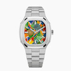 MAEN Manhattan Paradox — hand-painted geometric color-block dial with chevrons, mesh, and two concentric disks on a 37mm octagonal stainless steel case with integrated bracelet, limited edition timepiece by IFL Watches.