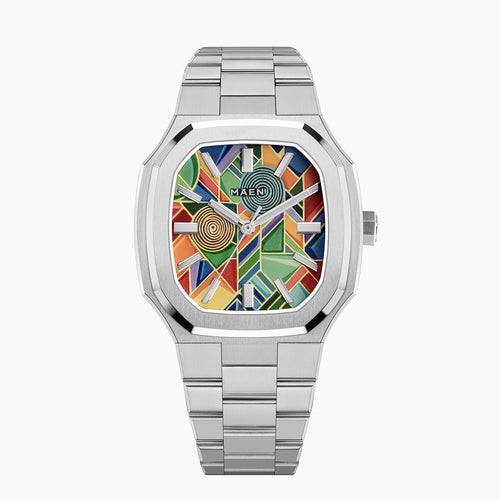 MAEN Manhattan Paradox — hand-painted geometric color-block dial with chevrons, mesh, and two concentric disks on a 37mm octagonal stainless steel case with integrated bracelet, limited edition timepiece by IFL Watches.