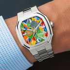 MAEN Manhattan Paradox — detail view of the hand-painted dial showing chevron and mesh patterns layered with primary-meets-jewel color blocks, limited edition timepiece by IFL Watches.