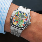 MAEN Manhattan Paradox — hand-painted geometric color-block dial with chevrons, mesh, and two concentric disks on a 37mm octagonal stainless steel case with integrated bracelet, limited edition timepiece by IFL Watches.