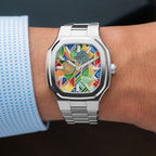 MAEN Manhattan Paradox — hand-painted geometric color-block dial with chevrons, mesh, and two concentric disks on a 37mm octagonal stainless steel case with integrated bracelet, limited edition timepiece by IFL Watches.