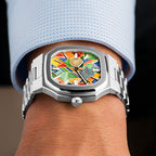 MAEN Manhattan Paradox on wrist — close-up of the hand-painted geometric dial and 37mm case, limited edition timepiece by IFL Watches.