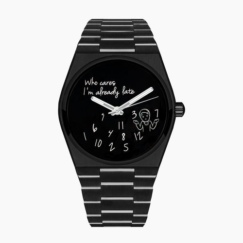 IFL Canvax Who Cares Concept – Custom IFL Canvax with scattered numerals and playful "Who cares, I'm already late" message artwork by IFL Watches
