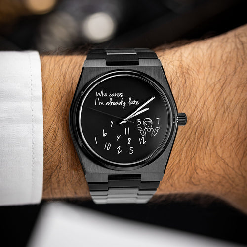IFL Canvax Who Cares Concept – Custom IFL Canvax with scattered numerals and playful "Who cares, I'm already late" message artwork by IFL Watches