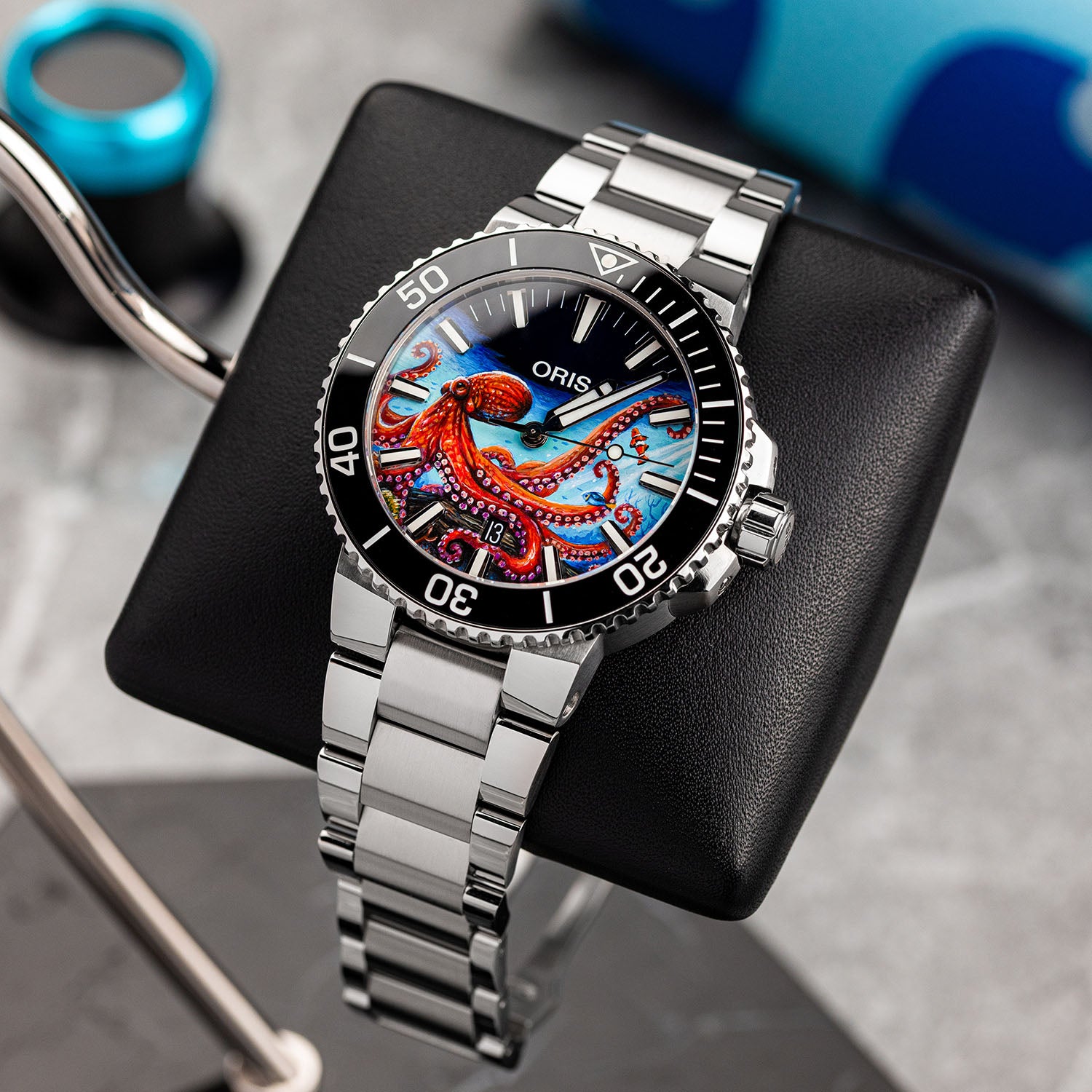 Aquis Octopus Concept – bespoke Oris Aquis dive watch with a hand-painted octopus motif, blue swirling currents, and marine-inspired elements, blending Swiss precision with oceanic beauty. Customized by IFL Watches.