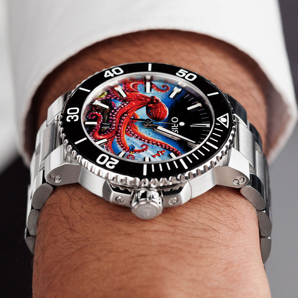 Aquis Octopus Concept – bespoke Oris Aquis dive watch with a hand-painted octopus motif, blue swirling currents, and marine-inspired elements, blending Swiss precision with oceanic beauty. Customized by IFL Watches.