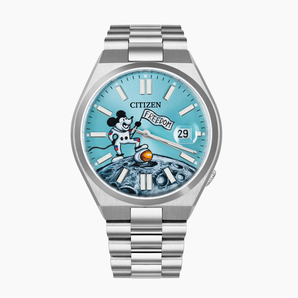 Free Willie Concept – Exclusive hand-painted Steamboat Willie artwork customized on Citizen Tsuyosa Automatic. 