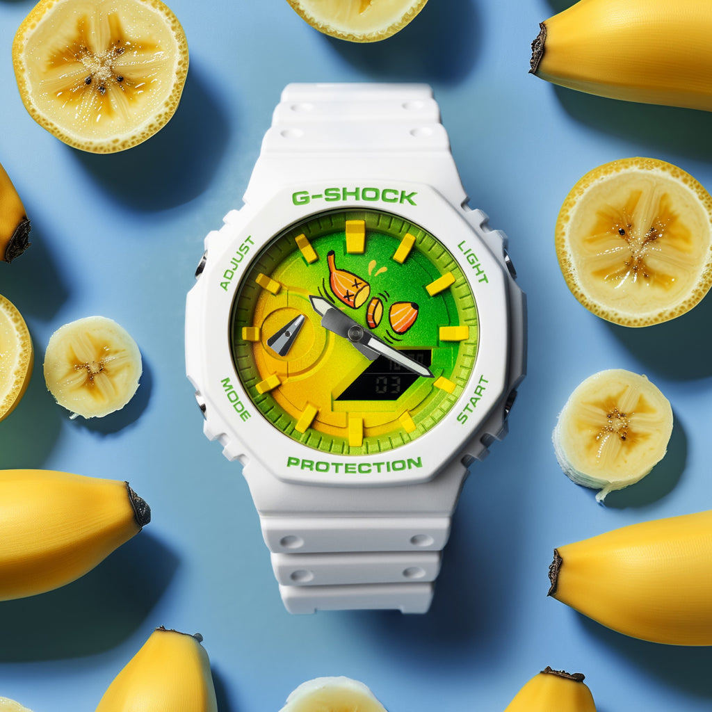 Limited edition G-Shock CasiOak Banana Split with unique fruit-inspired artwork on the watch face