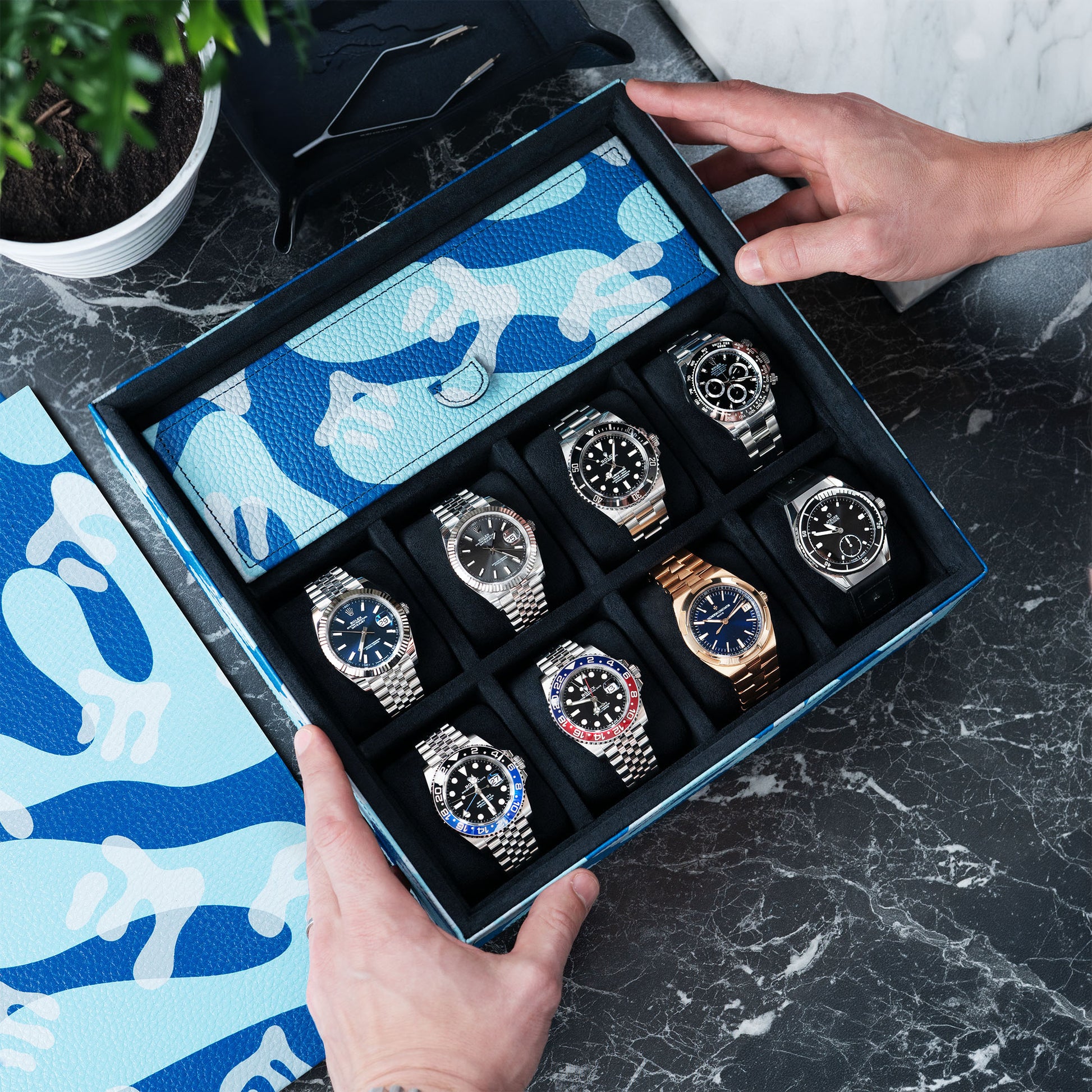 Azure Camo Lifestyle Locker –  handcrafted watch storage organizer with exclusive blue camo pattern design, made from premium leather