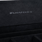 Stealth Camo Lifestyle Locker – handcrafted watch storage organizer with exclusive black camo pattern design, made from premium leather, close up of IFLWatches logo and suede lining