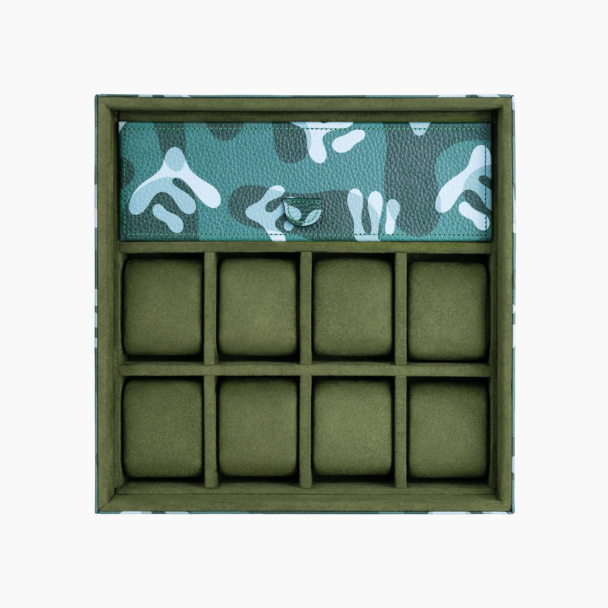 Verdant Camo Lifestyle Locker – handcrafted watch storage organizer with exclusive green camo pattern design, made from premium leather