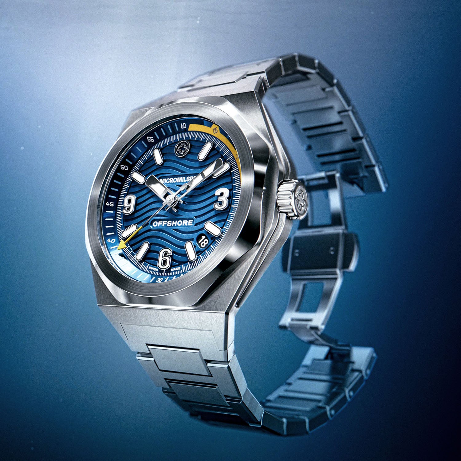 The Offshore – MICROMILSPEC maritime watch with a sea-blue dial and Swiss automatic movement.