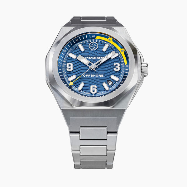 The Offshore – MICROMILSPEC maritime watch with a sea-blue dial and Swiss automatic movement.