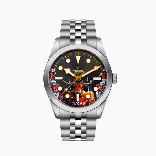 Black Bay Texas Longhorns Concept – Hand-painted custom Tudor Black Bay featuring Texas football artwork, a bespoke timepiece by IFL Watches