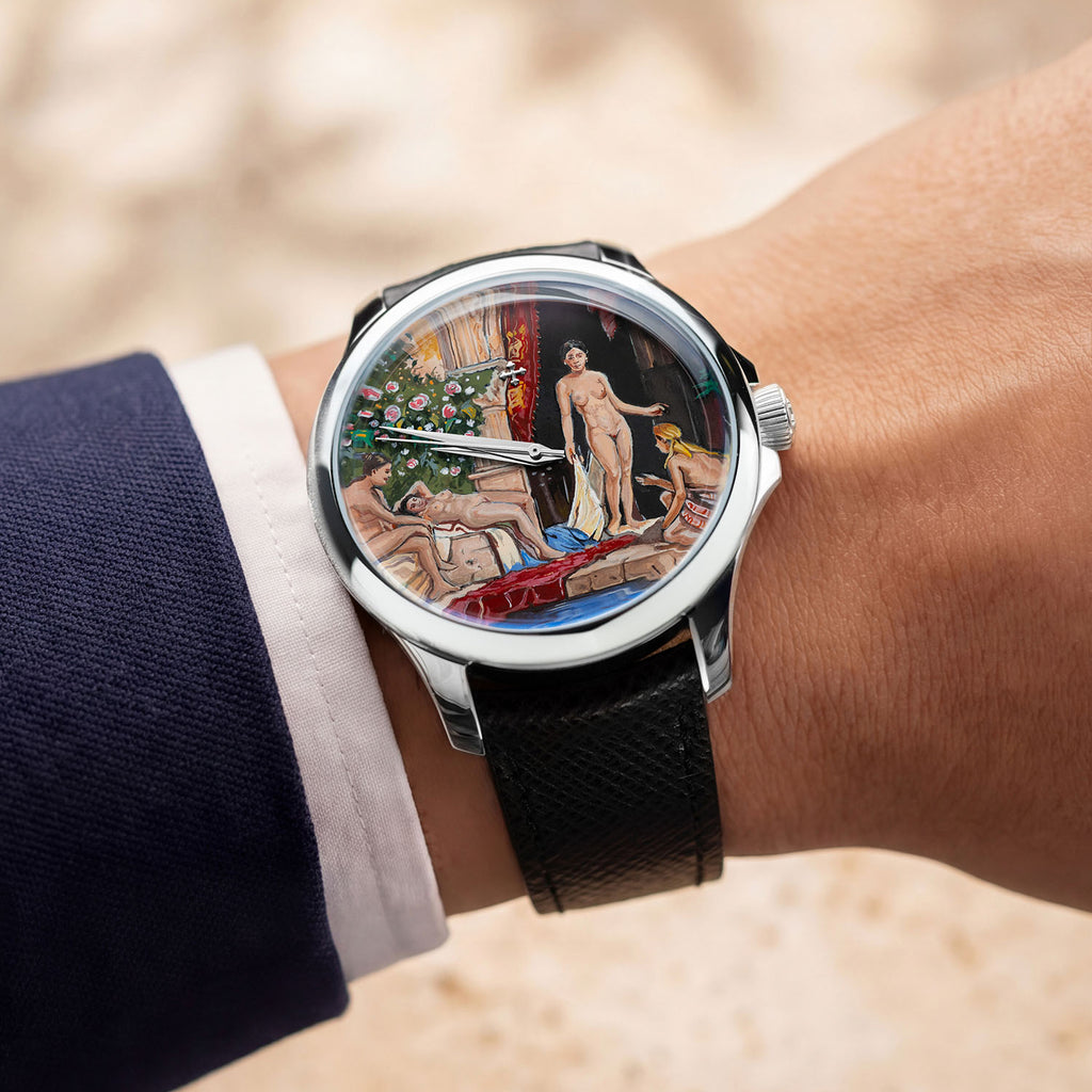 Venezianico Redentore L'Odalisca — hand-painted Mediterranean courtyard dial on a 40mm 316L stainless steel case with soft saffiano leather strap, limited edition timepiece by IFL Watches.