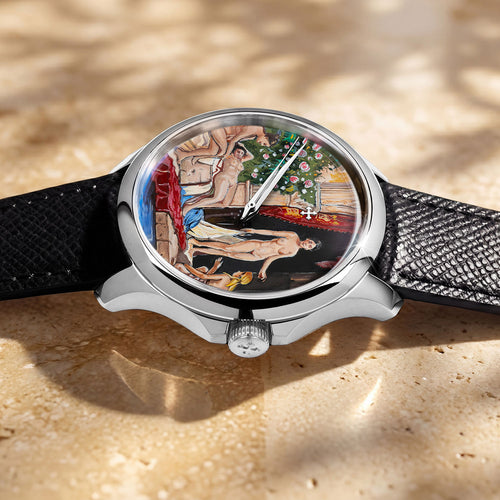 Venezianico Redentore L'Odalisca — hand-painted Mediterranean courtyard dial on a 40mm 316L stainless steel case with soft saffiano leather strap, limited edition timepiece by IFL Watches.