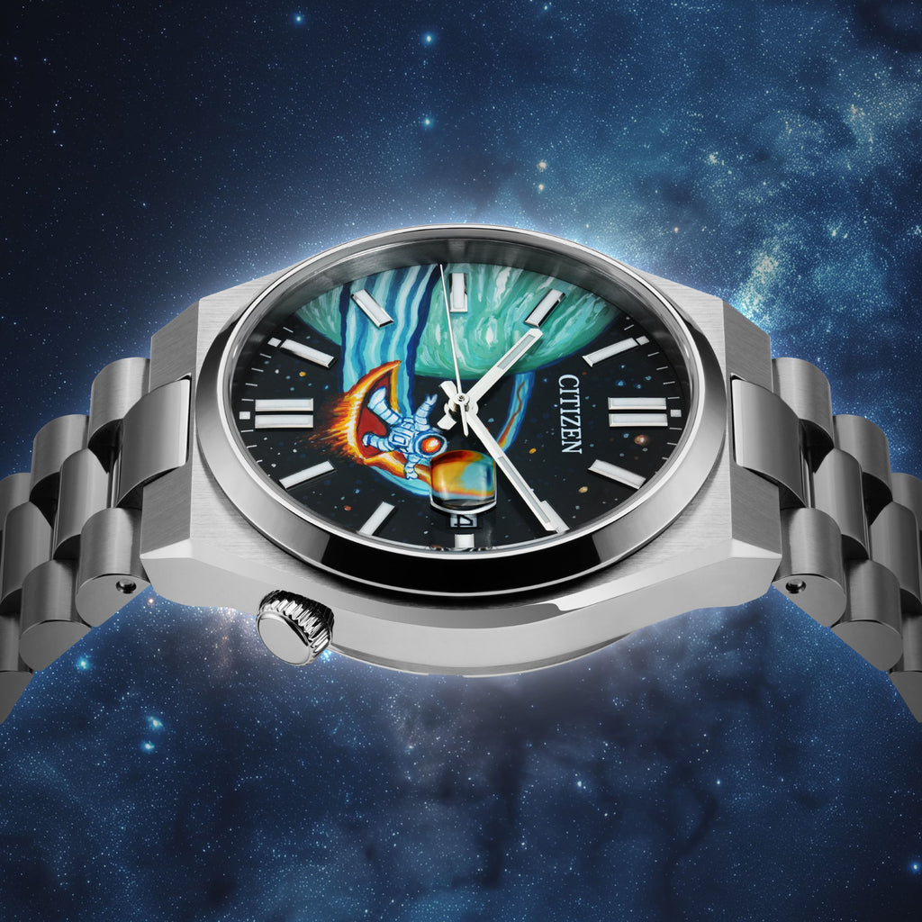 Unique Space Surfer art realized on the dial of the Citizen Tsuyosa Automatic.