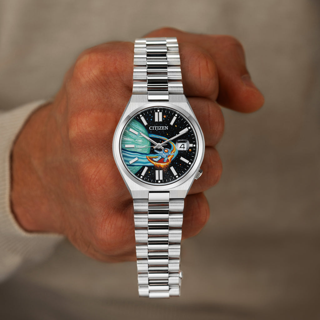Artistic Space Surfer theme on custom dial of Citizen Tsuyosa Automatic timepiece.