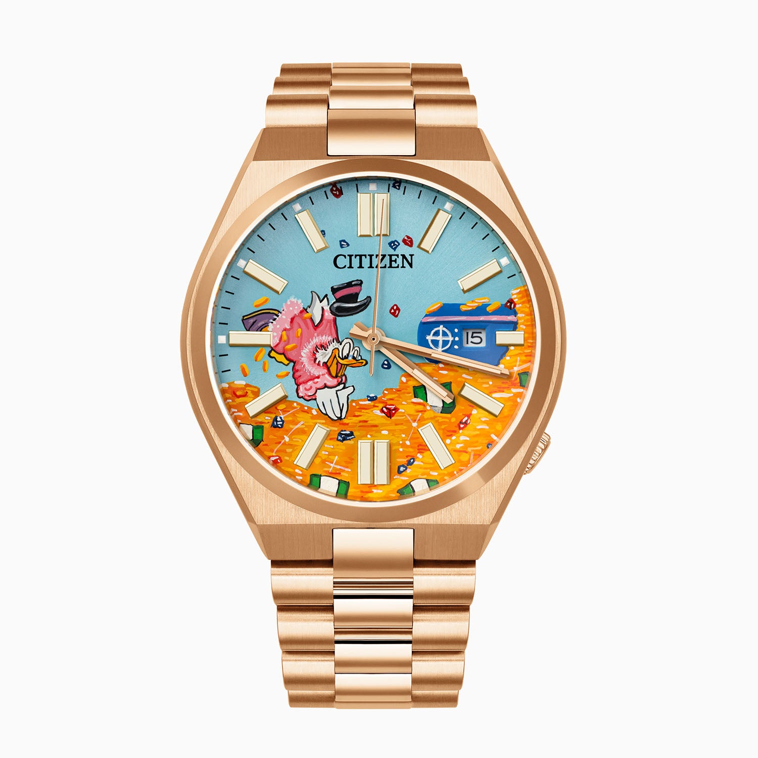 Citizen Tsuyosa Dive in Time — hand-painted custom rose gold automatic featuring a treasure vault diving scene with golden coins, gold bars, and banknotes against a clear blue sky on a 40mm rose gold-plated case with president-style bracelet, a bespoke timepiece by IFL Watches.