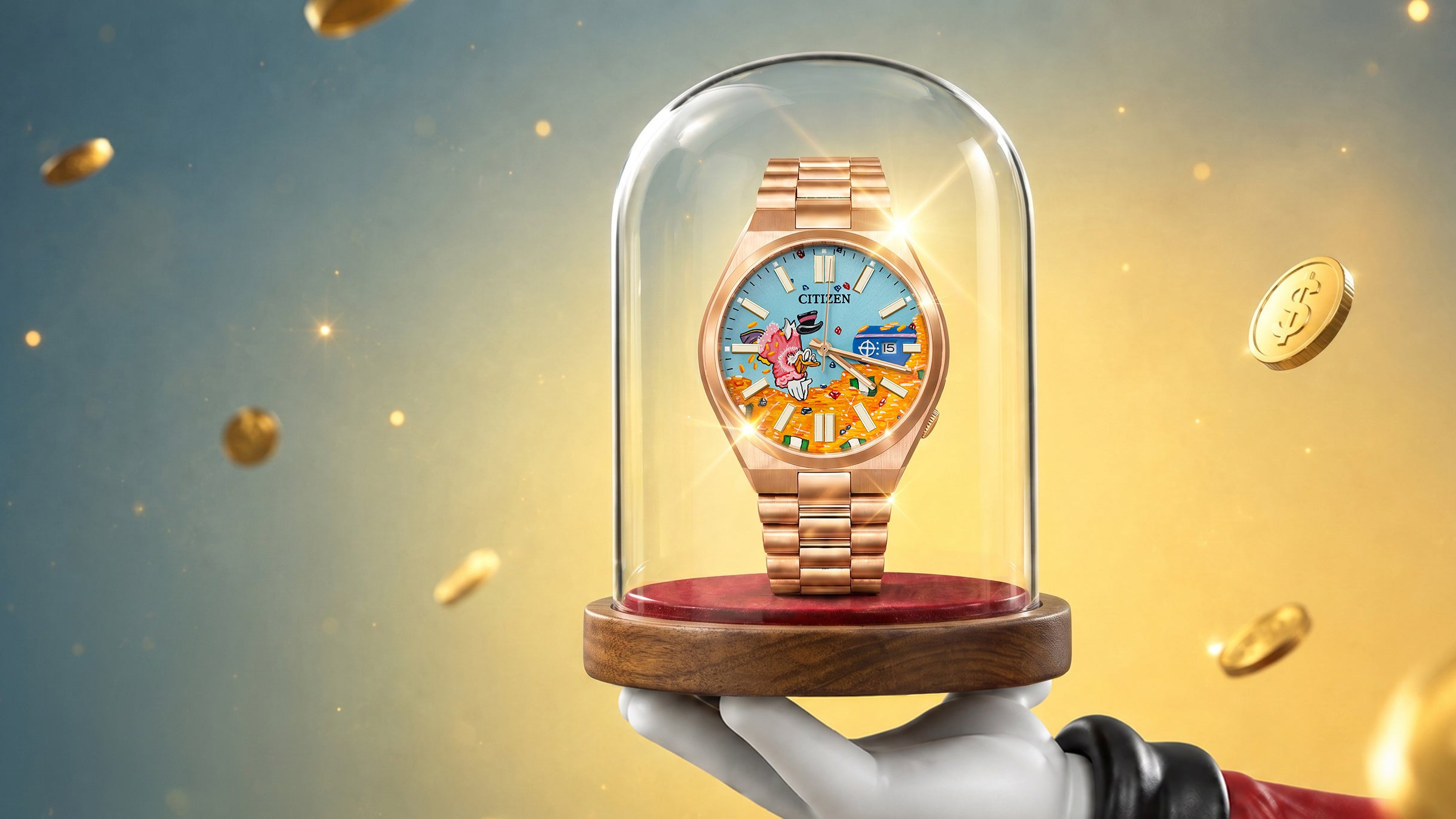 Citizen Tsuyosa Dive in Time — hand-painted bespoke watch with a headfirst dive into a vault of golden coins and gems on a rose gold case, by IFL Watches