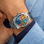 Dream Team Concept: Evolution — Hand-painted bespoke timepiece featuring four colorful pop art figures rendered in glittering mosaic-tile style on a blue 41mm custom automatic dial by IFL Watches