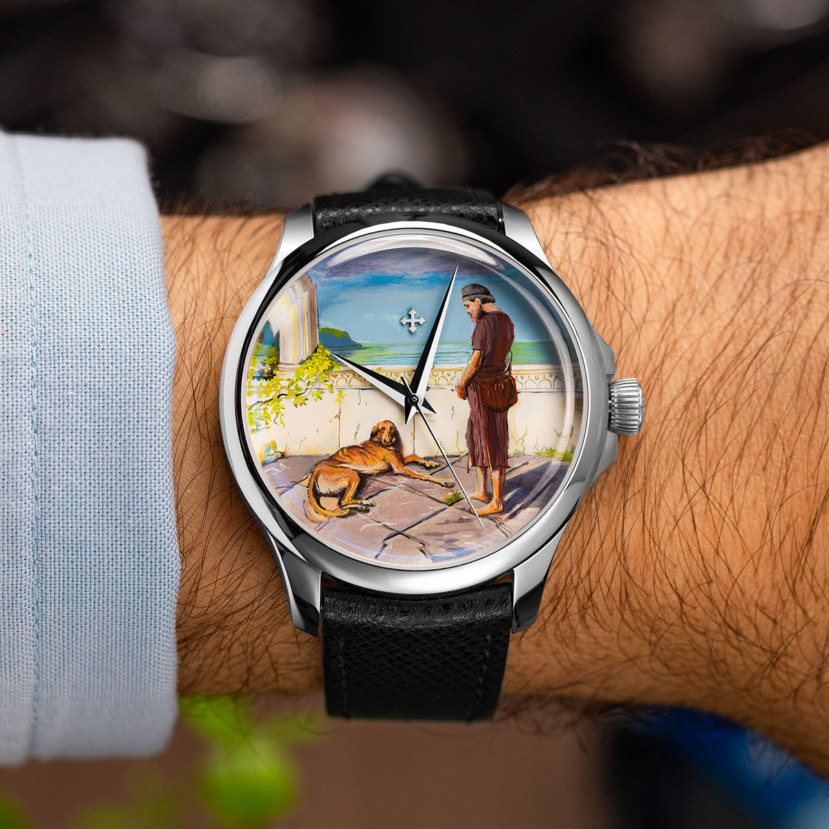 Venezianico Redentore Ulysses & Argus — Bespoke 40mm steel watch worn on the wrist, its hand-painted scene from the Odyssey spread across the dial, customized exclusively by IFL Watches.