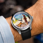 Venezianico Redentore Ulysses & Argus — Tilted view on the wrist, the hand-painted custom dial catching the light as the traveler stands over his resting dog above the sea, a bespoke timepiece by IFL Watches.