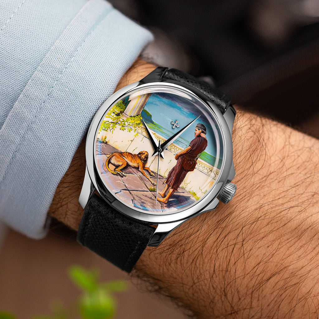 Venezianico Redentore Ulysses & Argus — Angled view on the wrist showing the polished round steel case and black saffiano leather strap around a hand-painted custom dial, a bespoke timepiece by IFL Watches.
