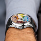 Venezianico Redentore Ulysses & Argus — Side profile on the wrist showing the steel case, lugs and crown beneath the hand-painted custom dial, a bespoke timepiece by IFL Watches.