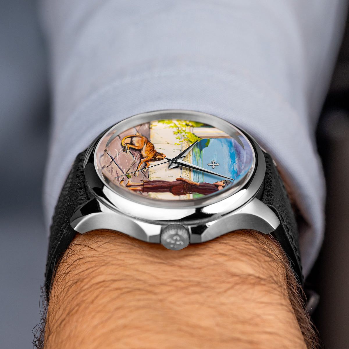 Venezianico Redentore Ulysses & Argus — Side profile on the wrist showing the steel case, lugs and crown beneath the hand-painted custom dial, a bespoke timepiece by IFL Watches.