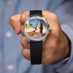 Venezianico Redentore Ulysses & Argus — Held up in a closed hand, the 40mm steel watch shows its hand-painted custom dial of a traveler and his dog on a seaside terrace, on a black saffiano leather strap, a bespoke timepiece by IFL Watches.