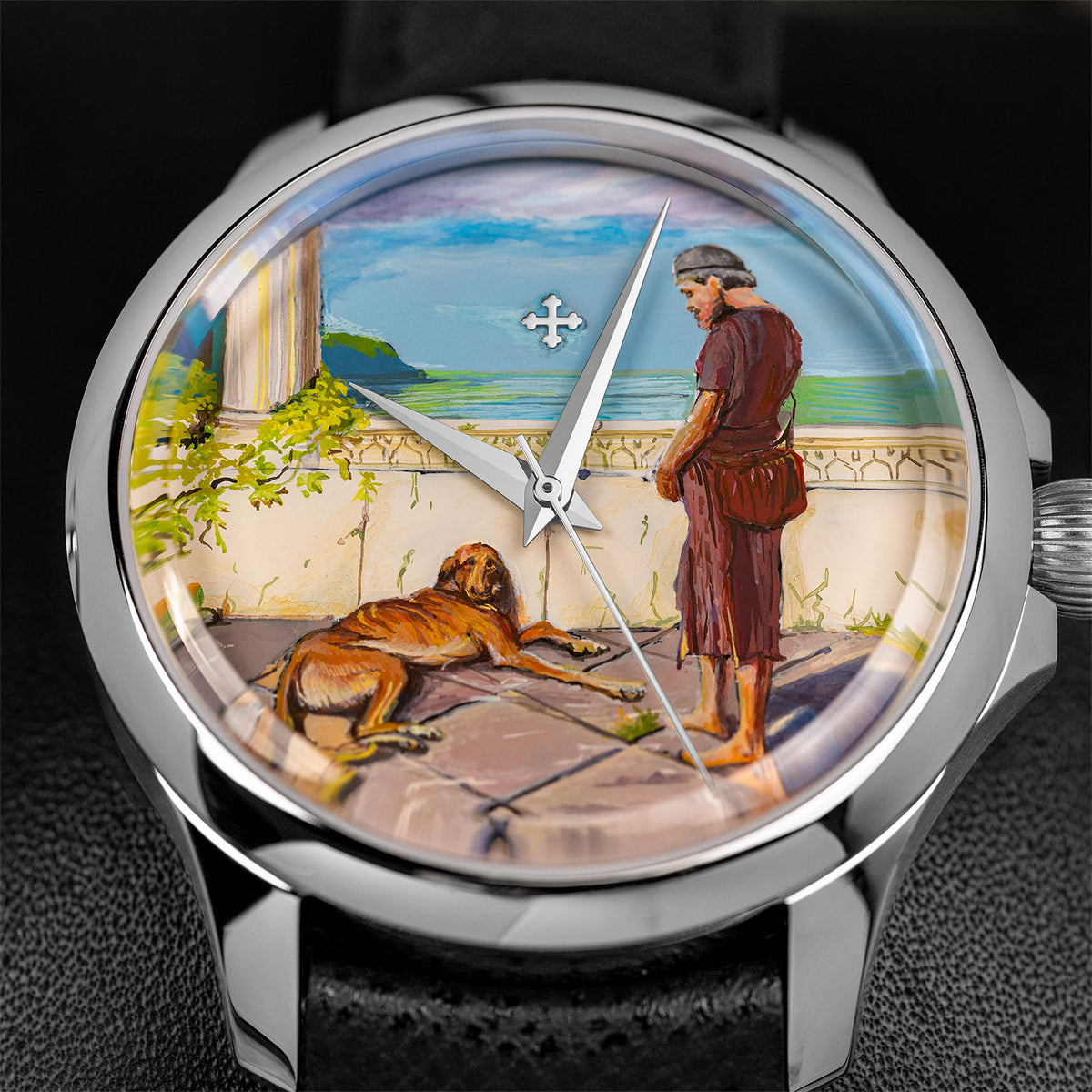 Venezianico Redentore Ulysses & Argus — Close-up of the hand-painted custom dial, the hound Argus lifting his head from the stone terrace as Ulysses stands barefoot with a satchel at his side, a vine-wrapped column and a green headland across the sea behind, a bespoke timepiece by IFL Watches.