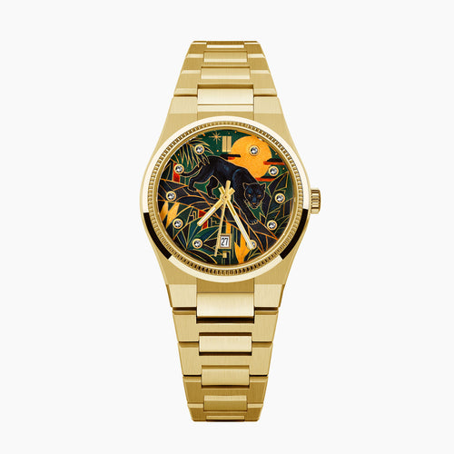 Festina Rive Monarch — Hand-painted custom dial where a black panther crosses an Art Deco landscape in deep emerald beneath an amber moon, crystal-set dot markers around the edge, on a 35mm gold-tone case with fluted bezel and matching bracelet, a bespoke timepiece by IFL Watches.