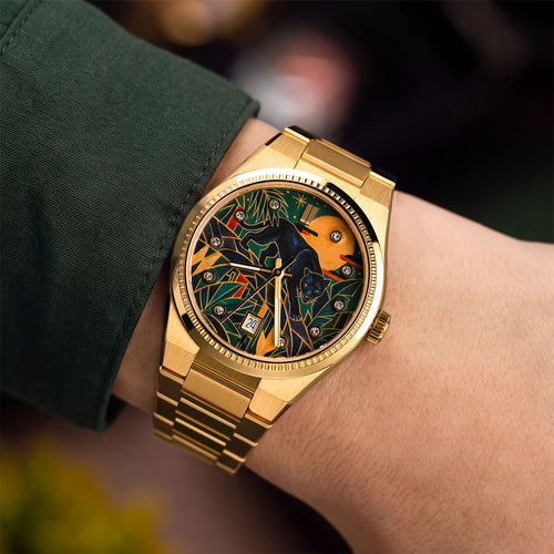 Festina Rive Monarch — Hand-painted custom dial where a black panther crosses an Art Deco landscape in deep emerald beneath an amber moon, crystal-set dot markers around the edge, on a 35mm gold-tone case with fluted bezel and matching bracelet, a bespoke timepiece by IFL Watches.