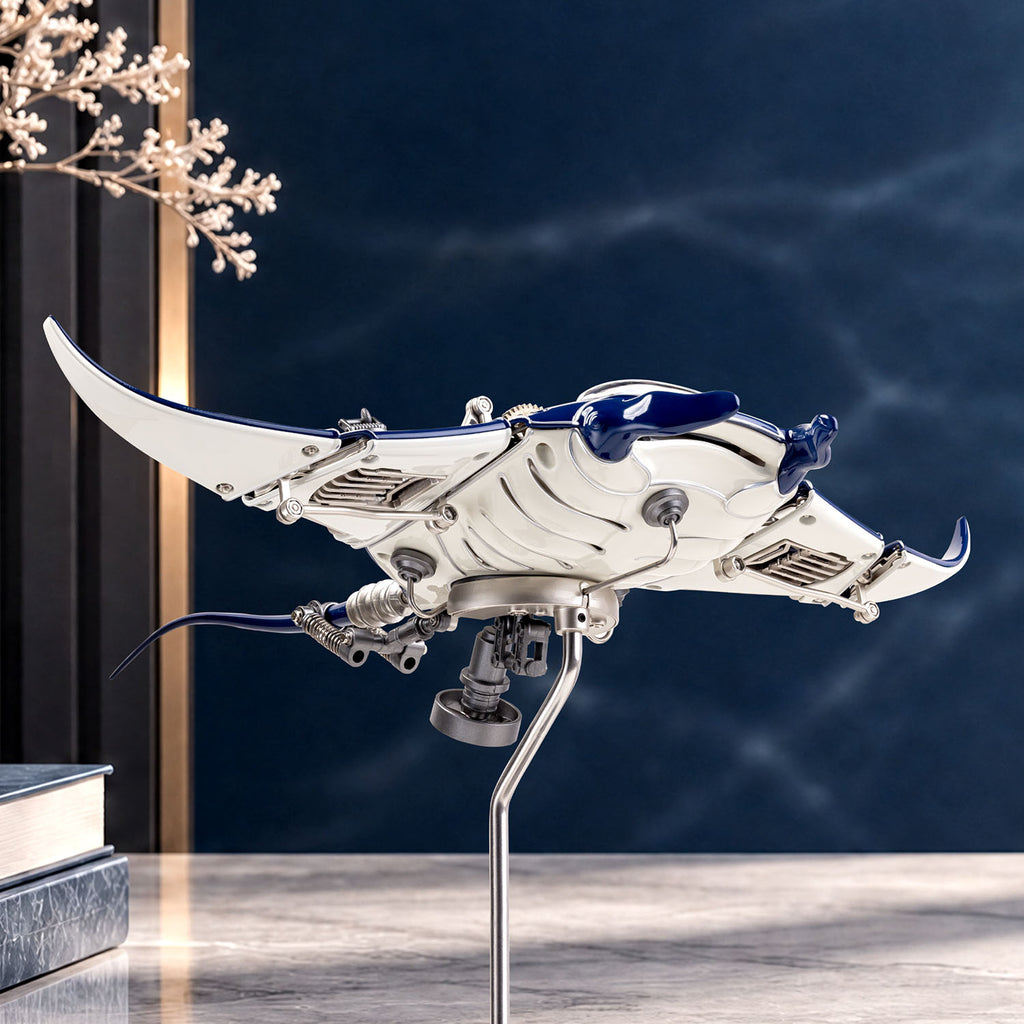 Mecha Ray Blue — lit against a dark backdrop with dried stems behind it, mechanical sculpture by IFL Watches.