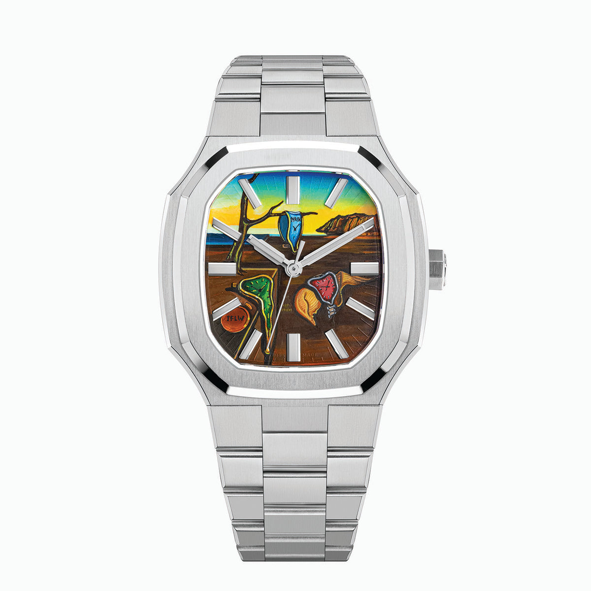 MAEN Manhattan Memento — Hand-painted custom dial with soft watches draped over a bare branch and a stone plinth, a closed watch marked IFLW and golden cliffs under a blue-to-yellow sky, set in a 37mm octagonal stainless steel case on an integrated bracelet, a bespoke timepiece by IFL Watches.
