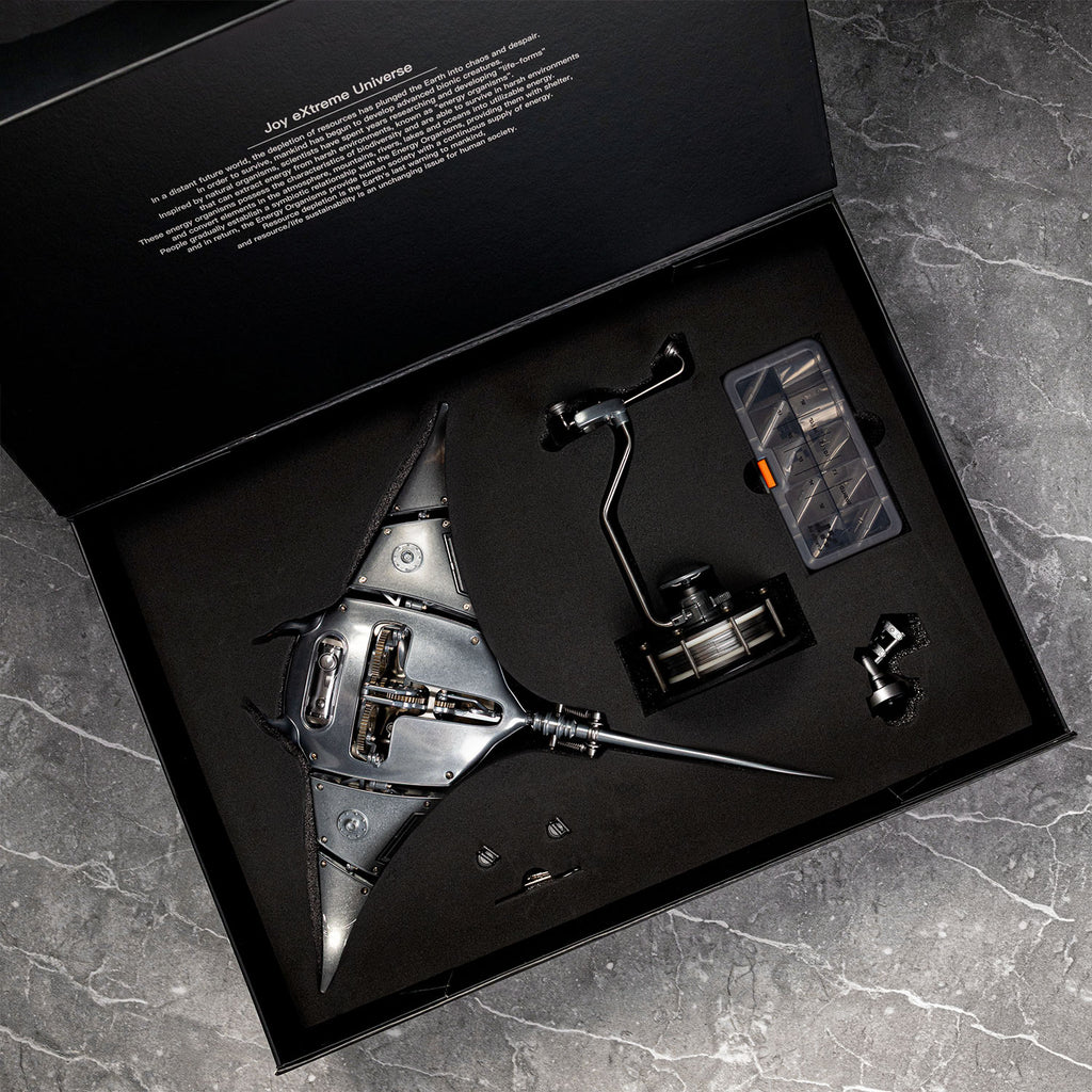 Mecha Ray Natural Metal — the pre-assembled version in its presentation case with stand column and parts tray, mechanical sculpture by IFL Watches.