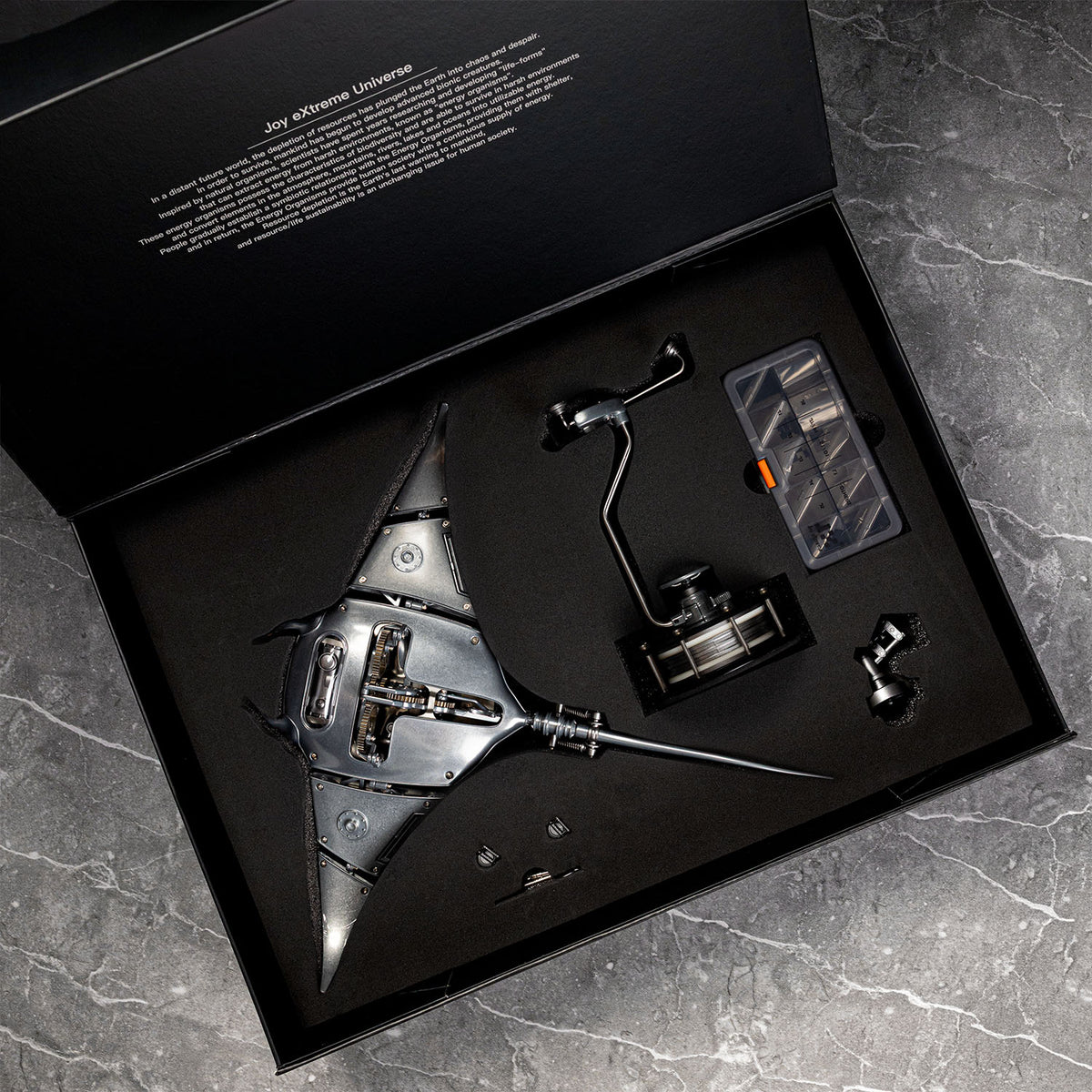 Mecha Ray Natural Metal — the pre-assembled version in its presentation case with stand column and parts tray, mechanical sculpture by IFL Watches.