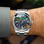 Apex Concept — Bespoke 41mm stainless steel watch on the wrist, hand-painted circuit scene with red and yellow kerbs beneath the leading tire, a bespoke timepiece by IFL Watches.