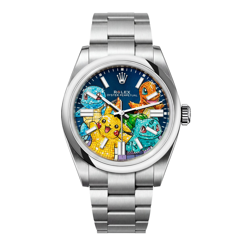 Dream Team Concept — Hand-painted bespoke timepiece featuring four colorful pop art figures rendered in glittering mosaic-tile style on a deep blue 41mm custom automatic dial by IFL Watches