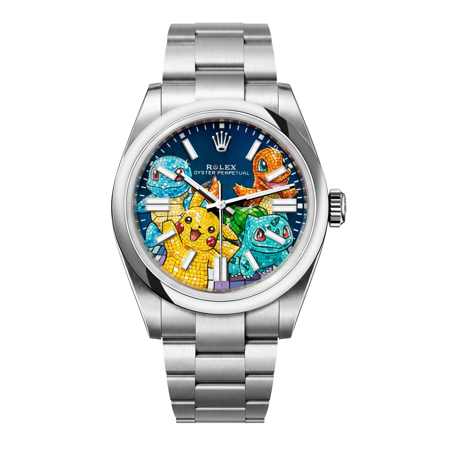Dream Team Concept — Hand-painted bespoke timepiece featuring four colorful pop art figures rendered in glittering mosaic-tile style on a deep blue 41mm custom automatic dial by IFL Watches