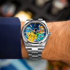 Dream Team Concept — Hand-painted bespoke timepiece featuring four colorful pop art figures rendered in glittering mosaic-tile style on a deep blue 41mm custom automatic dial by IFL Watches