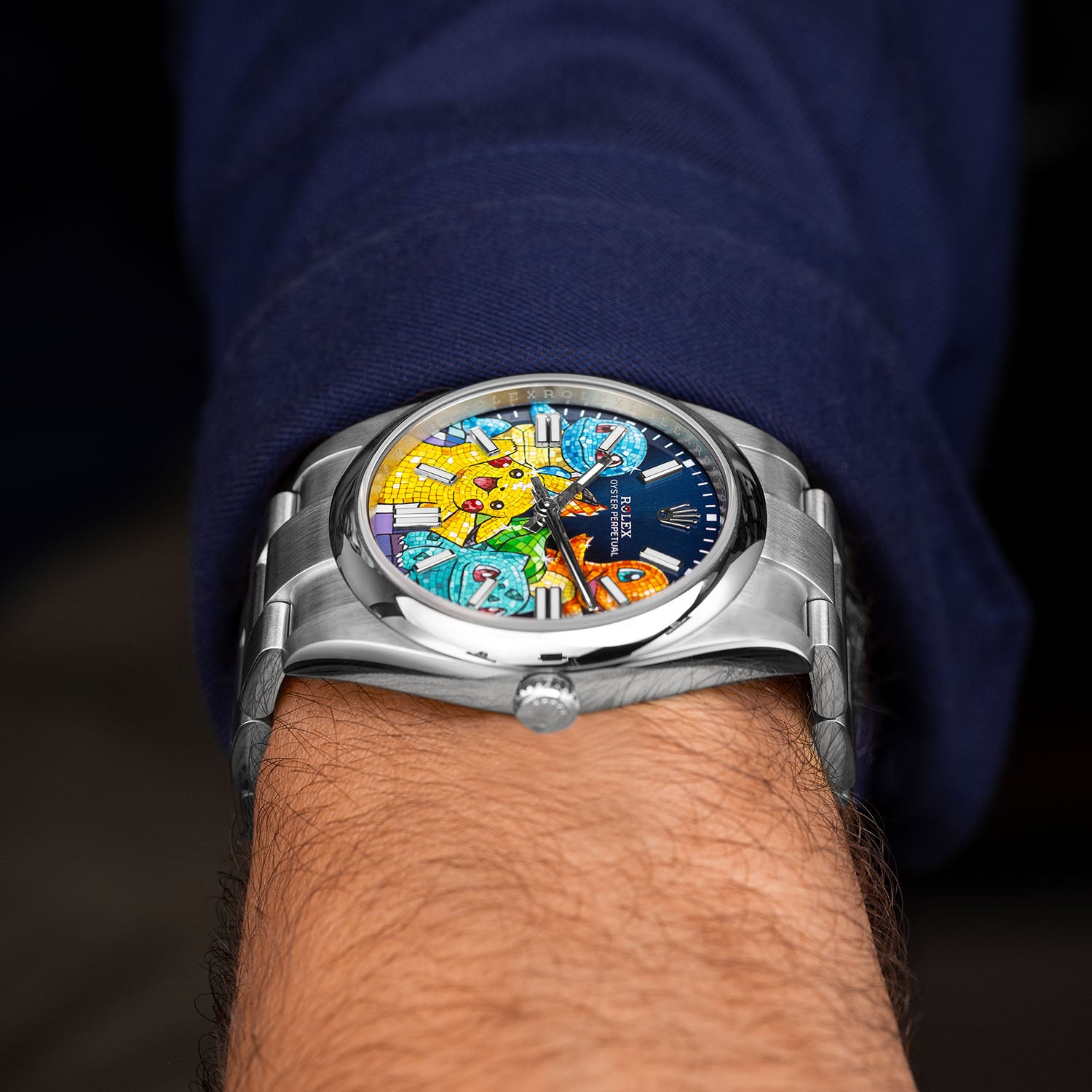 Dream Team Concept — Hand-painted bespoke timepiece featuring four colorful pop art figures rendered in glittering mosaic-tile style on a deep blue 41mm custom automatic dial by IFL Watches