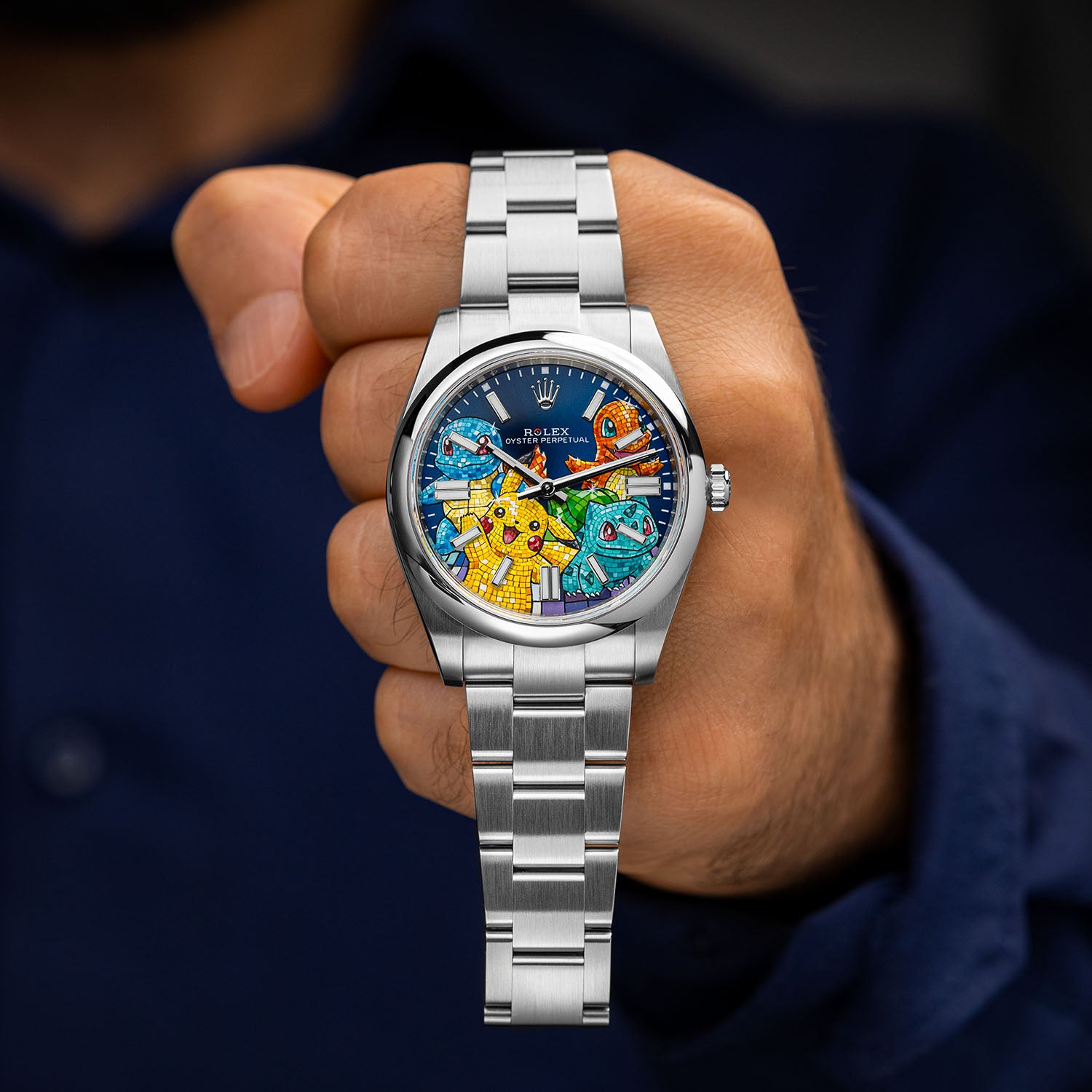 Dream Team Concept — Hand-painted bespoke timepiece featuring four colorful pop art figures rendered in glittering mosaic-tile style on a deep blue 41mm custom automatic dial by IFL Watches