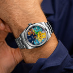 Dream Team Concept — Hand-painted bespoke timepiece featuring four colorful pop art figures rendered in glittering mosaic-tile style on a deep blue 41mm custom automatic dial by IFL Watches