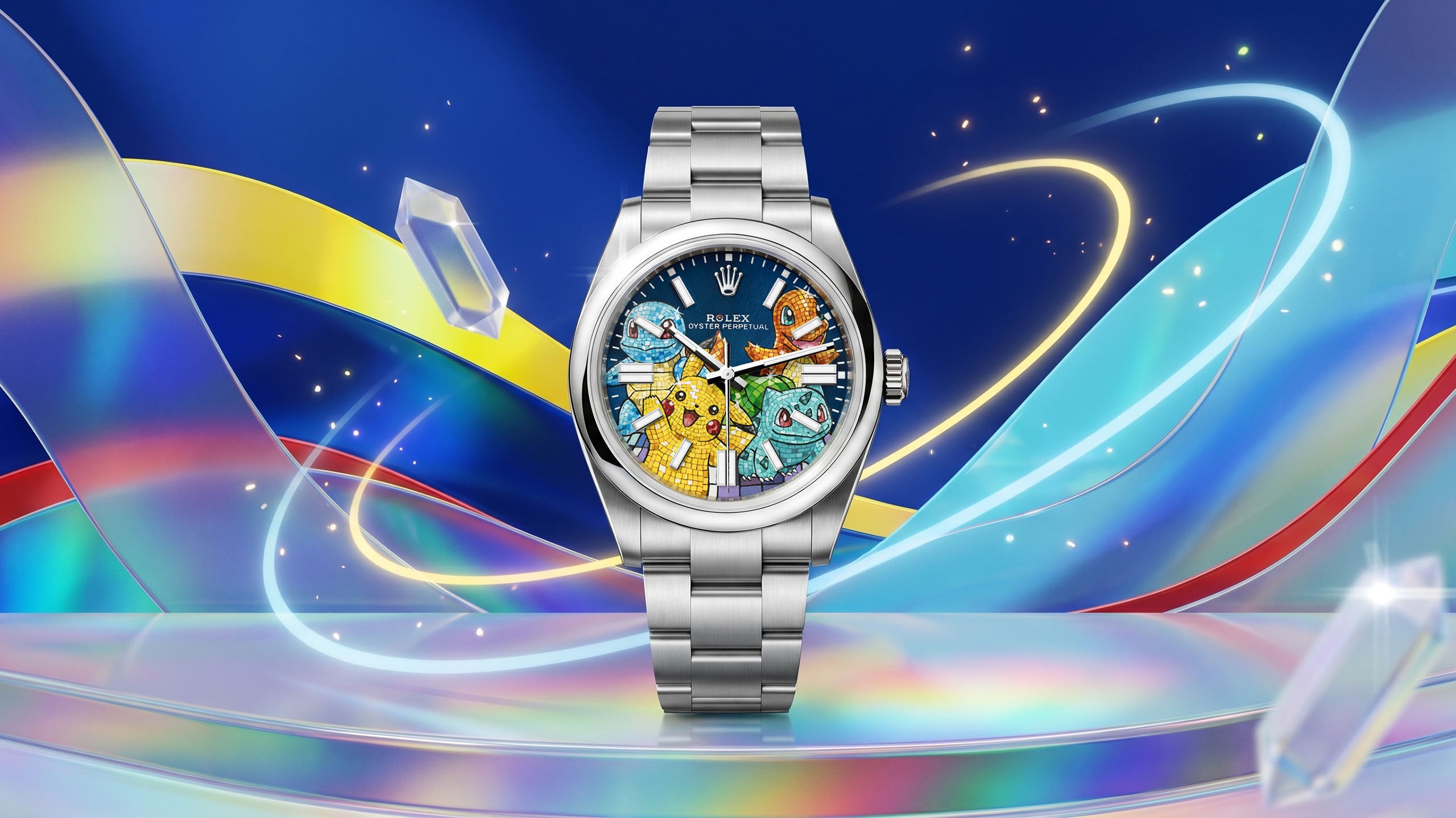 Dream Team Concept — Hand-painted bespoke timepiece featuring four mosaic-tile pop art figures on a deep blue 41mm custom dial by IFL Watches